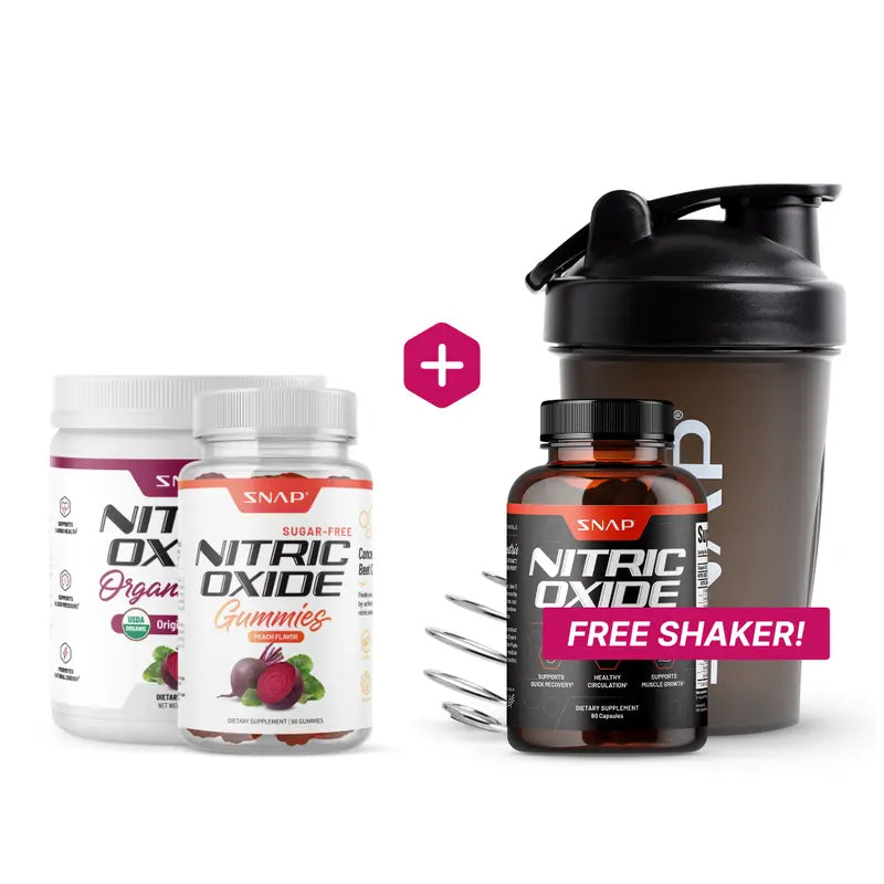 Snap Supplements - Berry Flavor Nitric Oxide Beets + Nitric Oxide Gummies + NO Booser 60Ct + Free Shaker (14Oz) - Natural Supplement Bundle