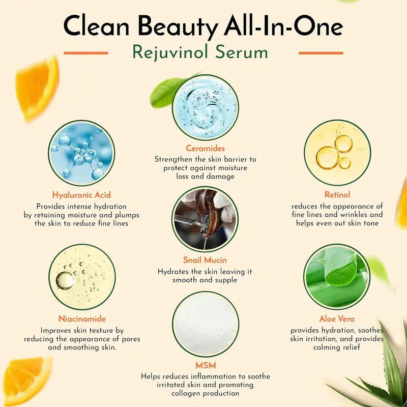 Clean Beauty Glass Skin Serum with Snail Mucin Hyaluronic Acid Vitamin C Niacinamide Ceramides Retinol MSM Aloe Vera