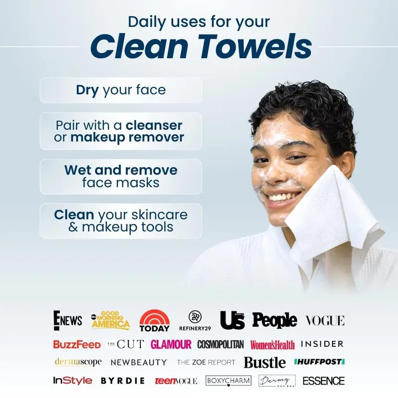 Clean Skin Club Clean Towels XL, 100% USDA Biobased Face Towel, Disposable Face Towelette, Makeup Remover Dry Wipes, Ultra Soft, 50 Ct, 1 Pack Cosmetic Cleanser Cosmetic Cleansing