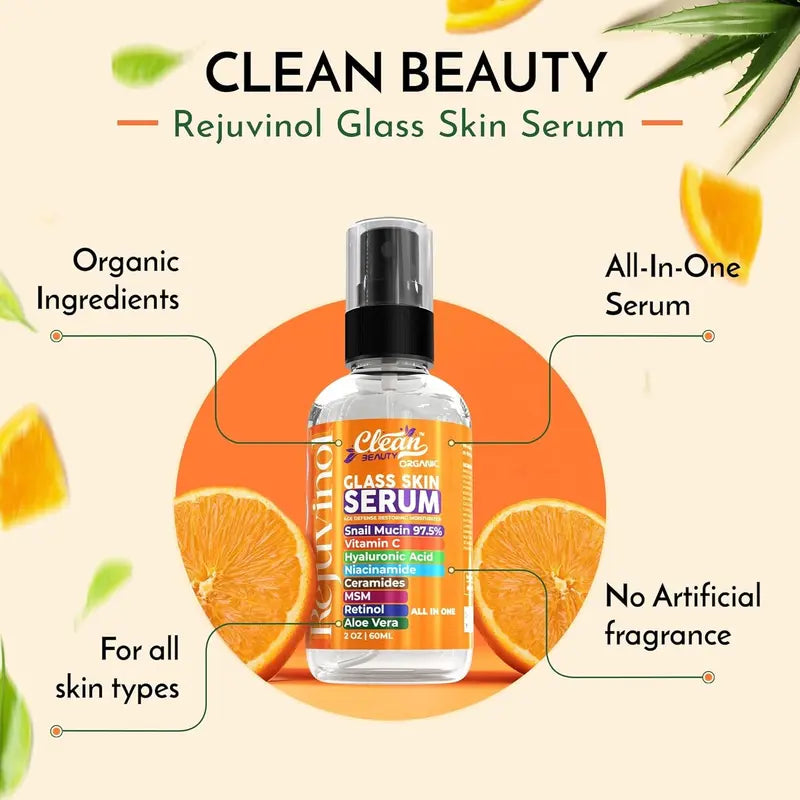 Clean Beauty Glass Skin Serum with Snail Mucin Hyaluronic Acid Vitamin C Niacinamide Ceramides Retinol MSM Aloe Vera