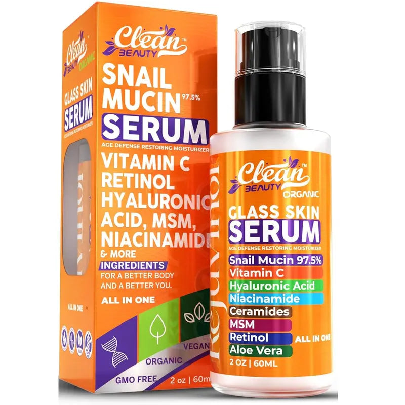 Clean Beauty Glass Skin Serum with Snail Mucin Hyaluronic Acid Vitamin C Niacinamide Ceramides Retinol MSM Aloe Vera