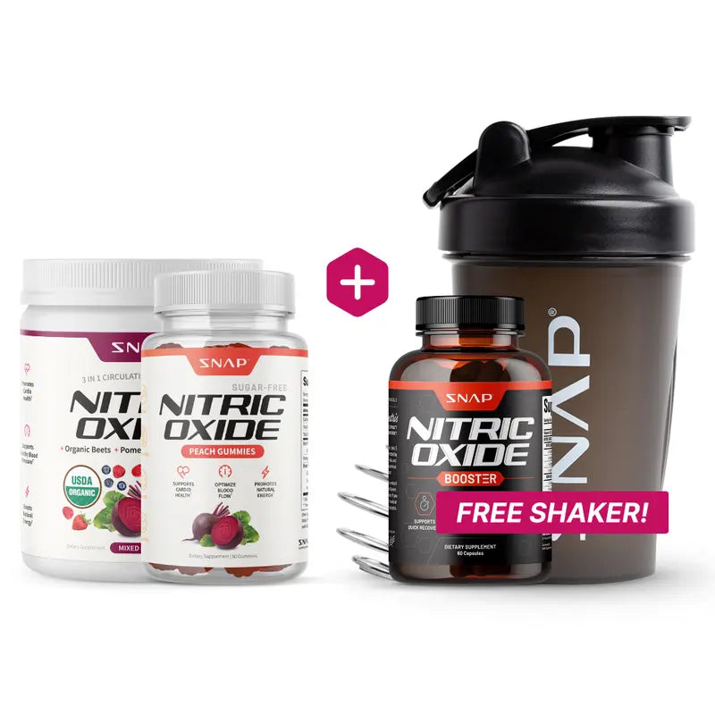 Snap Supplements - Berry Flavor Nitric Oxide Beets + Nitric Oxide Gummies + NO Booser 60Ct + Free Shaker (14Oz) - Natural Supplement Bundle